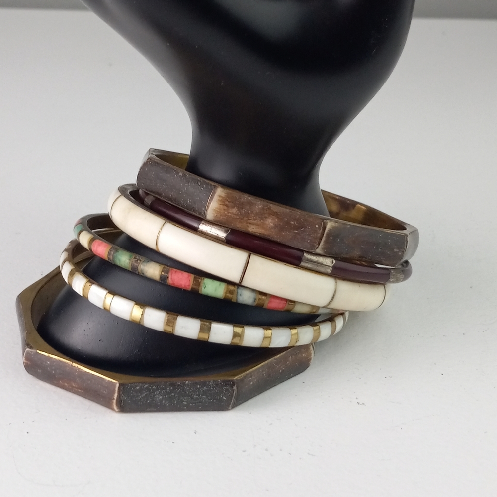 Stack of Fabulous Brass, Wood, Mother of Pearl and Stone Bangles
